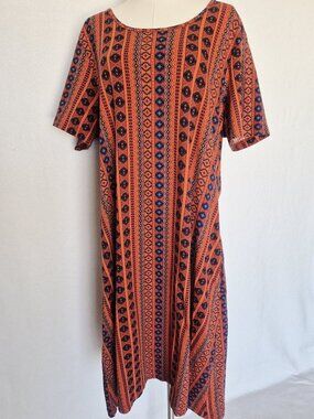 The Vermont Country Store Aztec Cotton Tunic Midi Dress Short Sleeve Pocket